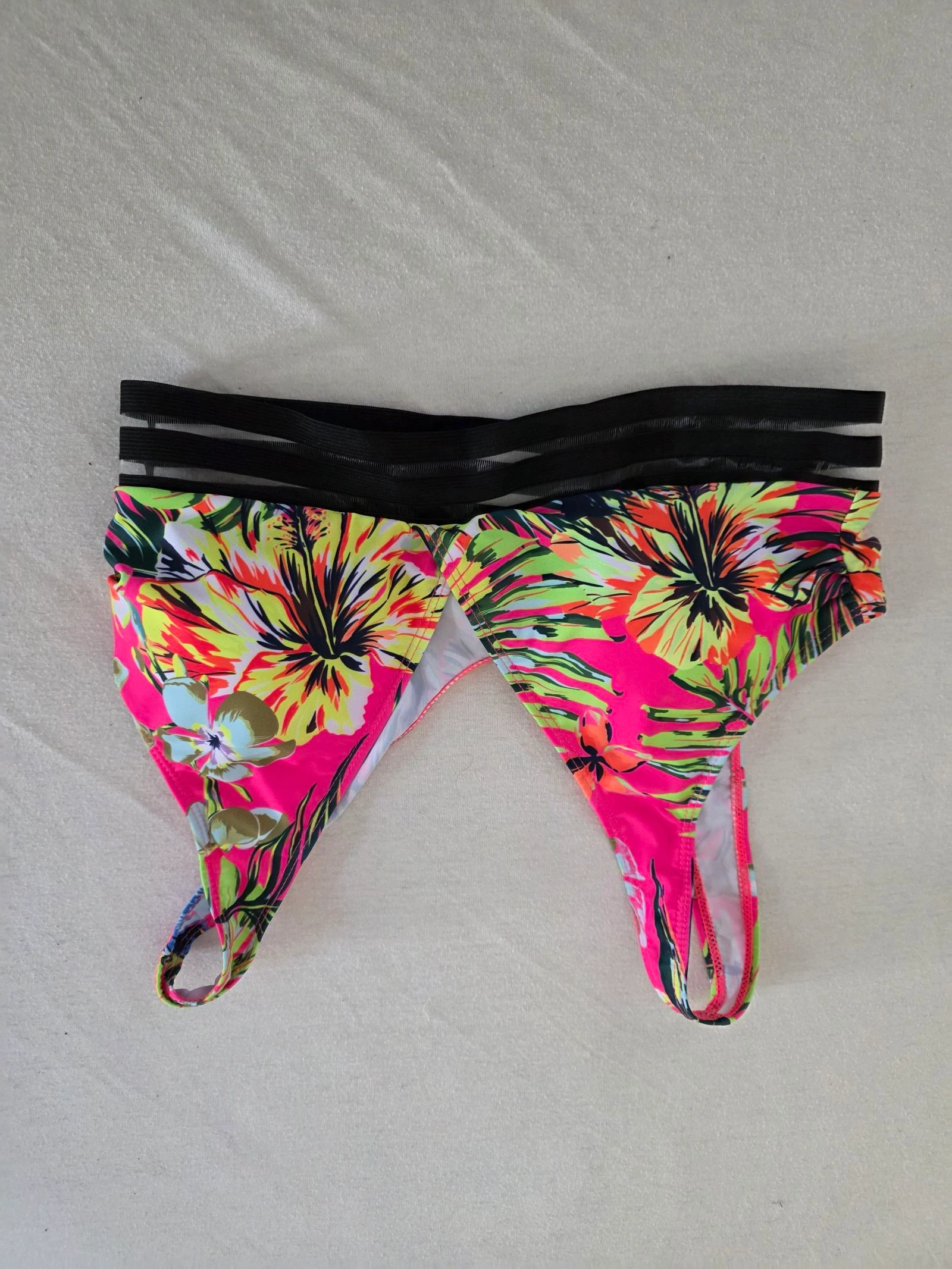 Haut maillot de bain tropical flashy rose et vert à bandes mesh neuf Taille L
